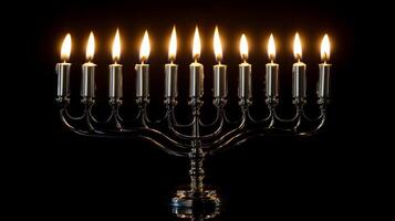 Silver Menorah with Nine Lit Candles on Black Background photo