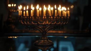 A Silver Menorah with Nine Burning Candles photo
