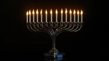 A Silver Menorah with Nine Lit Candles on a Black Background photo