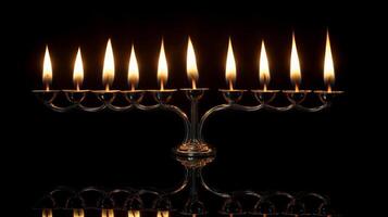 A silver menorah with nine burning candles against a black background. photo