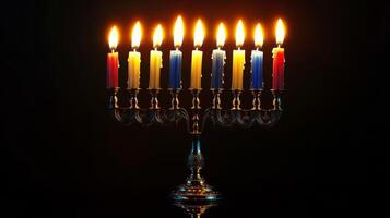 A lit menorah with colorful candles on a black background photo