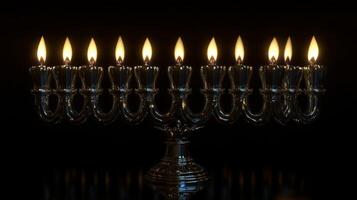 Silver Menorah with Nine Burning Candles photo
