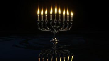 Menorah with Seven Lit Candles Reflecting in Water photo