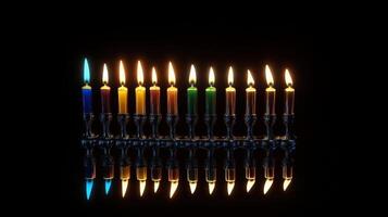 A Row of Colorful Candles Lit in a Menorah photo