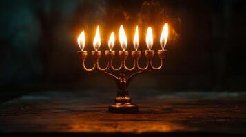 A Lit Menorah with Flames Casting Shadows on a Wooden Surface photo