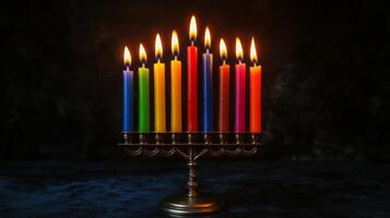 A Menorah with Nine Burning Rainbow Candles photo