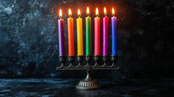 Rainbow Candles Lit on a Menorah photo