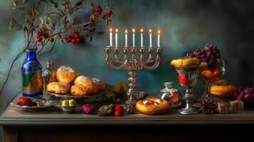 Still Life with Menorah, Doughnuts, and Fruit for Hanukkah photo