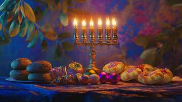 Festive Table Setting with Menorah, Sufganiyot, and Candles photo