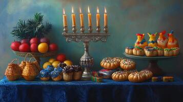 A Still Life with Candles, Fruits, and Hanukkah Treats photo