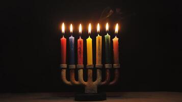 Six Colorful Candles Burning on a Rustic Menorah photo
