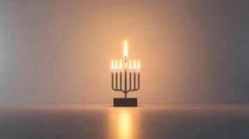 Silver Menorah with Burning Candles on a White Surface photo