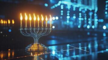 A Digital Menorah with Burning Flames Against a Blurred Blue Bokeh Background photo