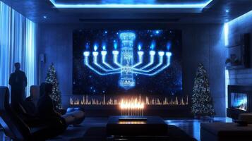 A Modern Living Room Decorated for Hanukkah with a Menorah Projected on the Wall photo