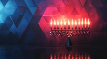 Burning Menorah with Blue and Red Geometric Background photo