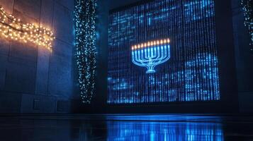 A Digital Menorah Displayed on a Blue Screen with Symbolic Lights photo