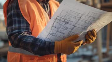 Construction Worker Examining Architectural Blueprint photo