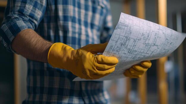 Construction Worker Examining Blueprint with Gloved Hands photo