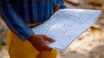 Construction Worker Examining Blueprint on a Construction Site photo