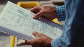 Construction Worker Examining Blueprint photo