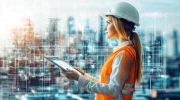 A Female Construction Worker Using a Tablet with a Holographic Blueprint Overlaying a City Skyline photo