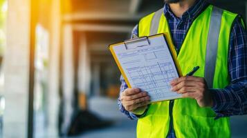 Construction Worker Reviewing Checklist in a Building photo