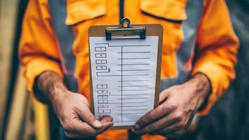 Construction Worker Holding a Clipboard with a Checklist photo