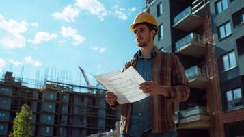 Construction Worker Reviewing Building Plans at a Construction Site photo