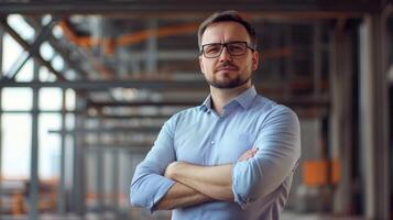 A Portrait of a Confident Man with Arms Crossed in a Modern Building photo