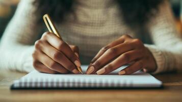 Close-up of a Hand Writing in a Notebook with a Gold Pen photo