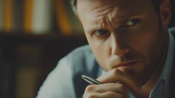 Close-up Portrait of a Man Thinking with a Pen in His Hand photo