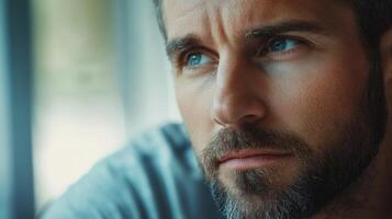 Close-up Portrait of a Man with Blue Eyes and a Beard photo