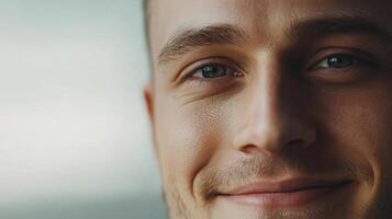 Close-up of a Man's Face with a Soft Smile and Blue Eyes photo