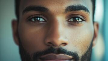 Close-up Portrait of a Man with a Stubble Beard and Deep Brown Eyes photo