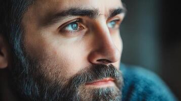 Close-up of a Man's Face with a Beard and Blue Eyes photo