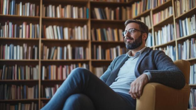 Man Relaxing in a Chair in a Library photo