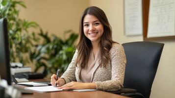 Smiling Businesswoman Writing in a Notebook at a Desk photo