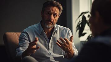 A man with a beard and a grey shirt speaks passionately while sitting in a chair. photo
