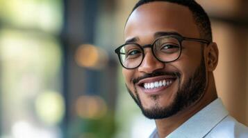 Close-up Portrait of a Smiling Man Wearing Glasses photo