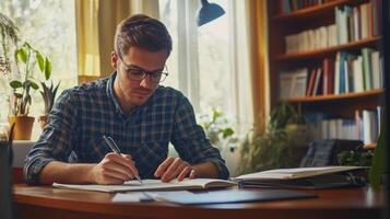 Young Man Wearing Glasses Writing in a Notebook at a Desk photo