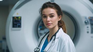 Young Female Doctor Standing in Front of an MRI Machine photo