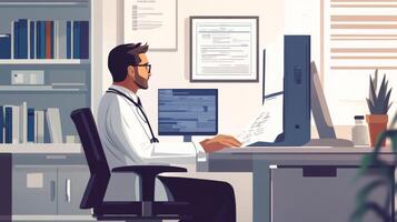A Doctor in a White Coat Working at a Desk in a Modern Office photo