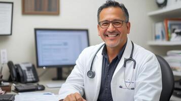Smiling Doctor with Stethoscope at Desk in Office photo