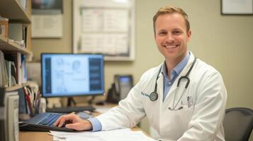 Smiling Doctor Working at a Desk with a Computer photo