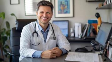 Smiling Doctor Sitting at Desk in Medical Office photo