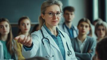 Female Doctor in a White Coat Addressing a Group of Students photo