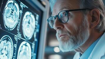 A Senior Doctor Examining a Brain Scan on a Monitor photo