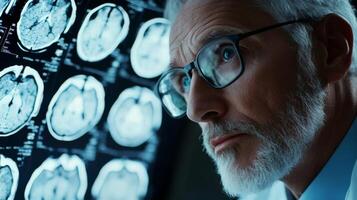 Close-up of an Elderly Man Examining a Brain Scan with a Serious Expression photo