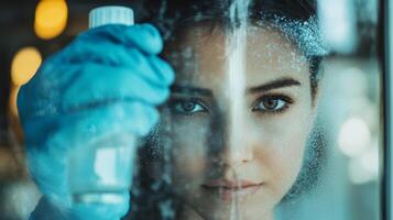 Woman's Face Reflected Through a Foggy Window photo