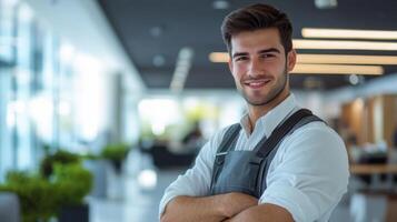 A Portrait of a Smiling Man in a White Shirt and Grey Overalls photo